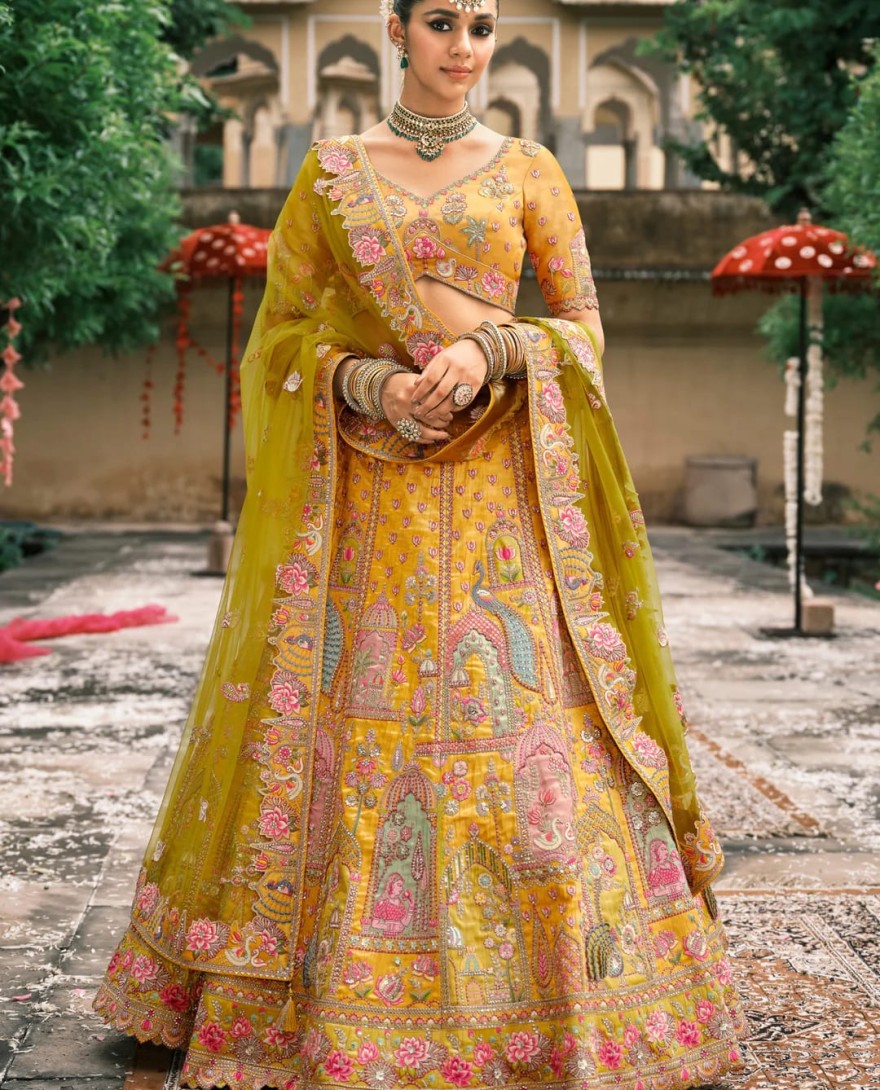 Yellow - Yellow & Green Fancy Silk Lehenga Choli With Cut Work Embroidery Border & Stone Work